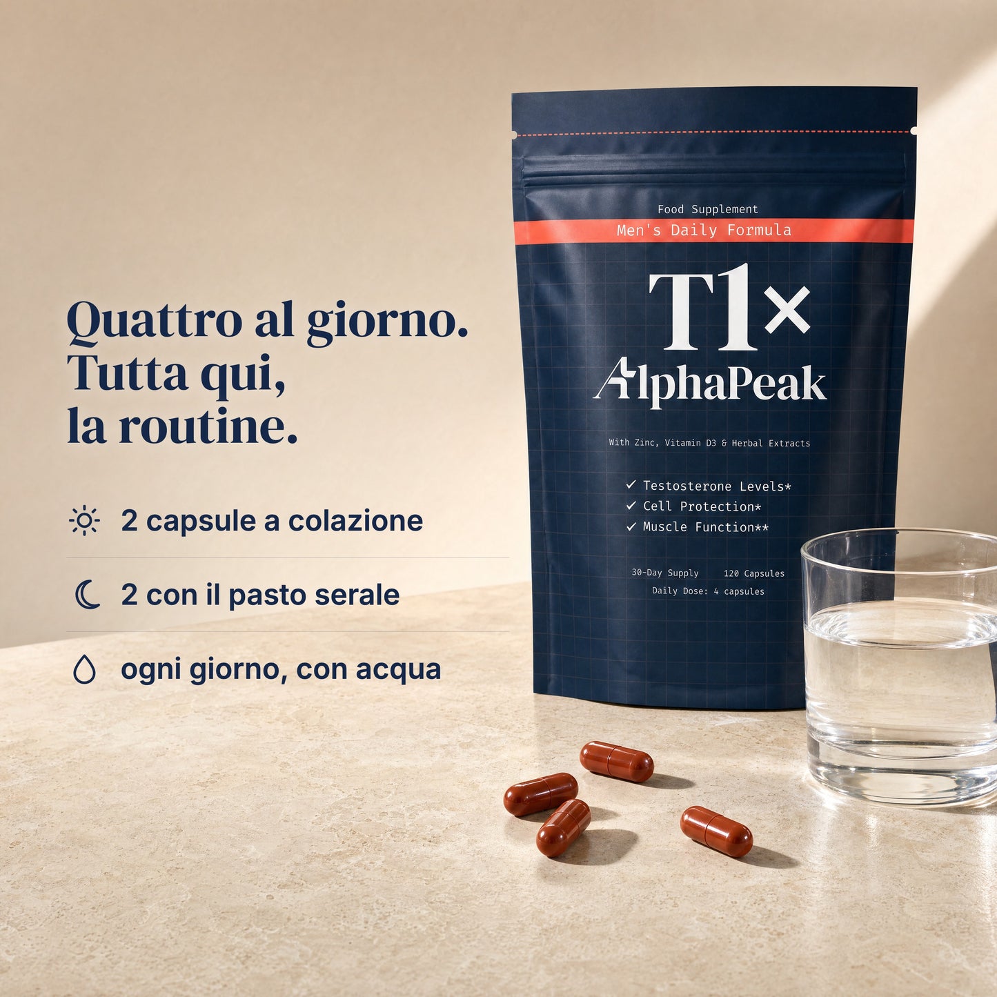 [it] Pouch T1x con capsule e bicchiere d'acqua: quattro capsule al giorno