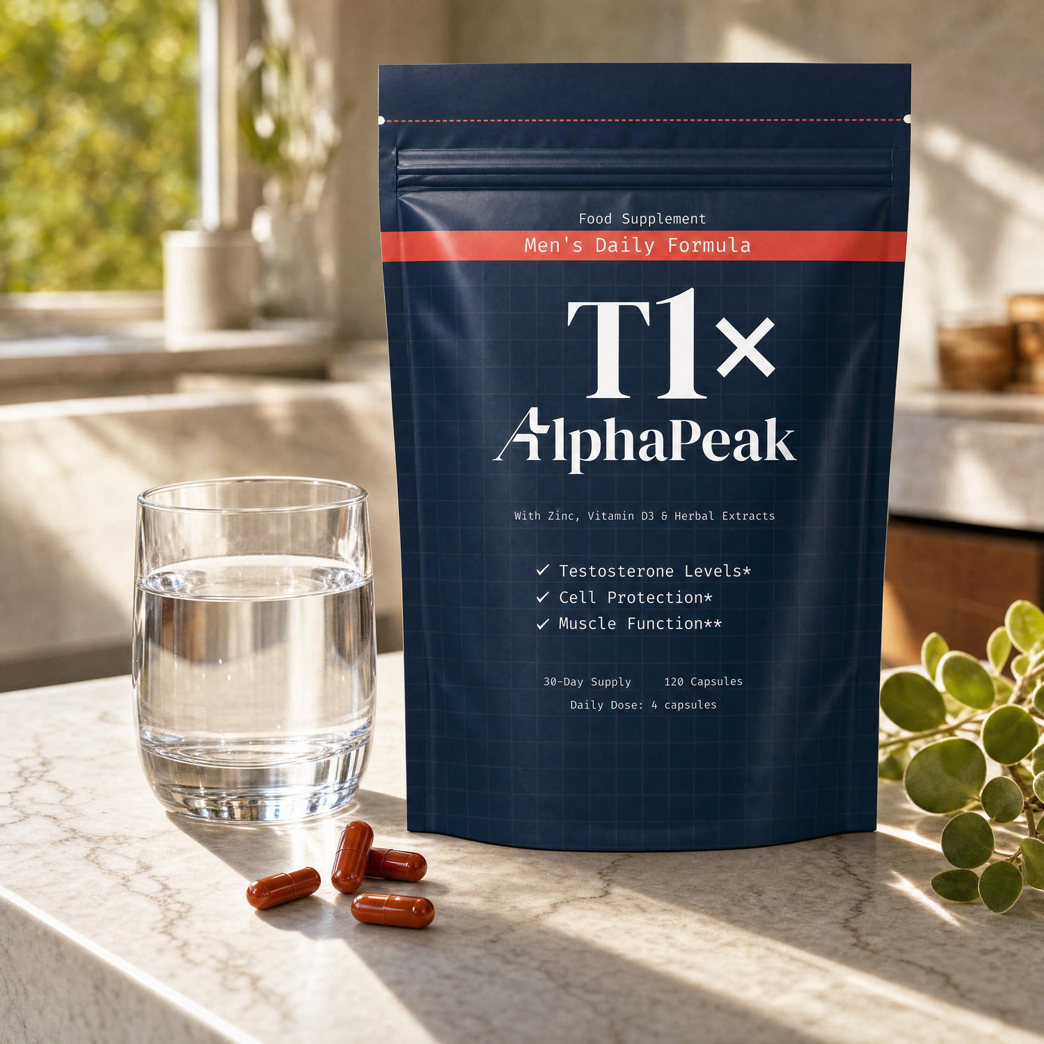 T1x pouch with water and capsules on a sunlit morning counter