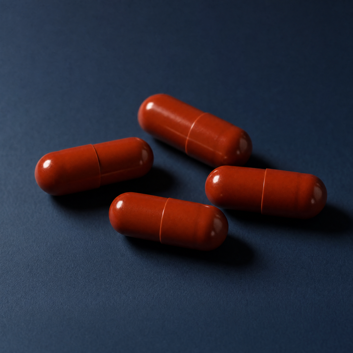 Four rust Swedish-Orange T1x capsules on dark navy