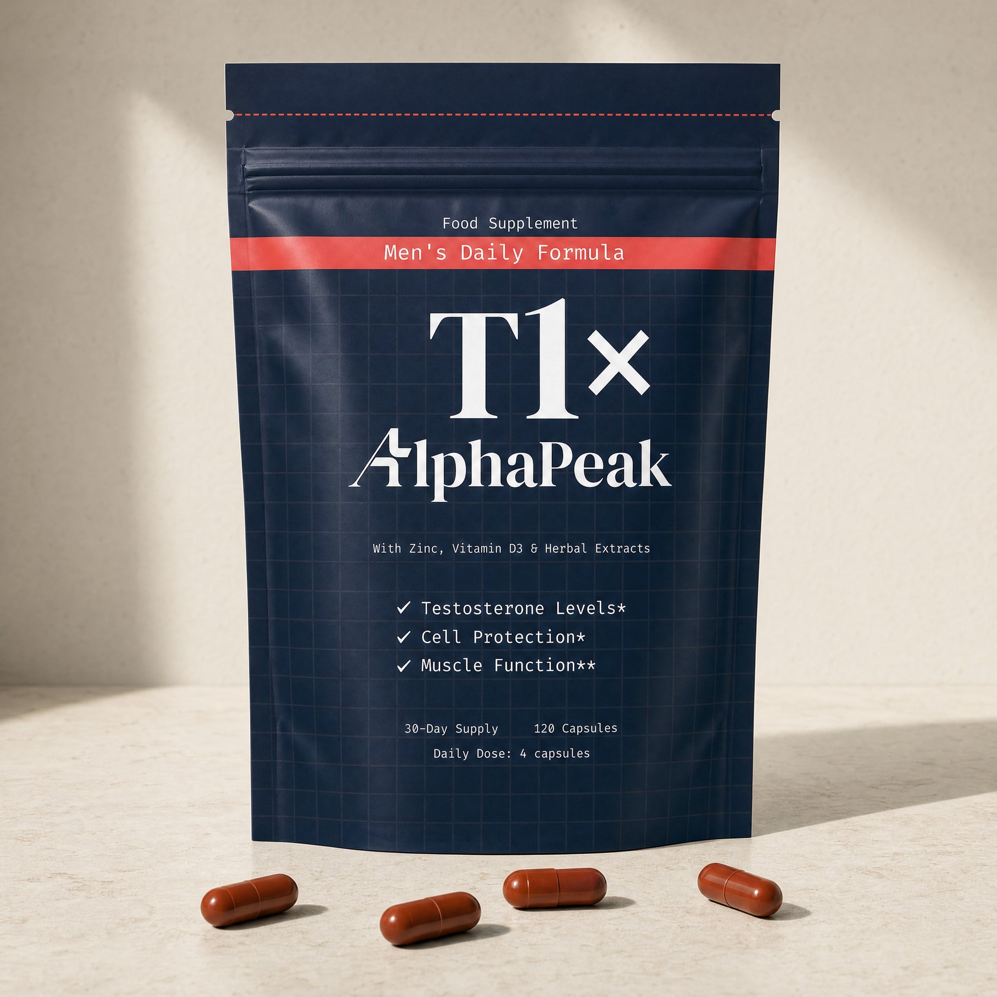 Alpha Peak T1x Daily Formula testosterone-support pouch with four rust capsules on marble