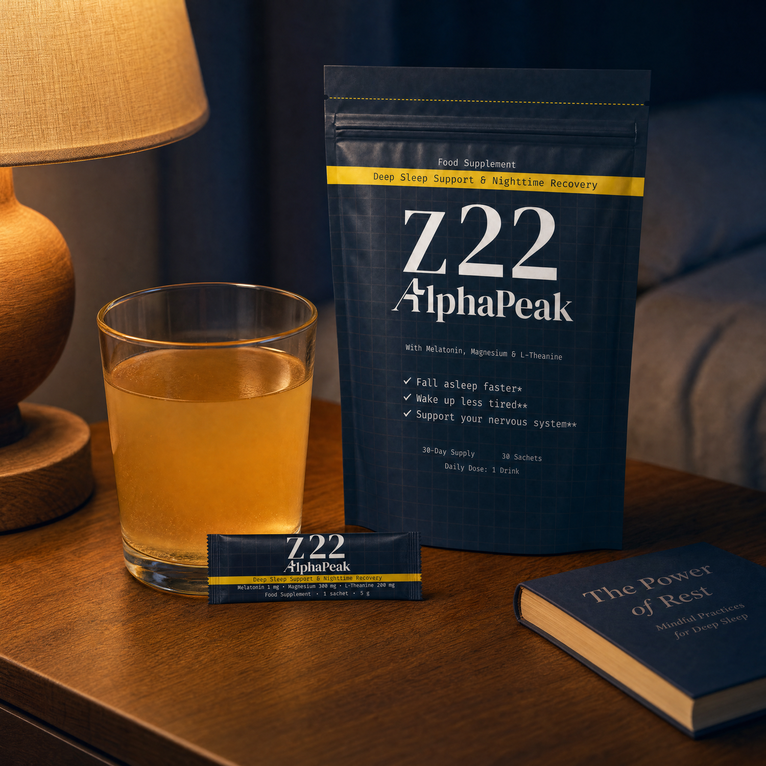 Glass of mixed Z22 drink with sachet and pouch at dusk
