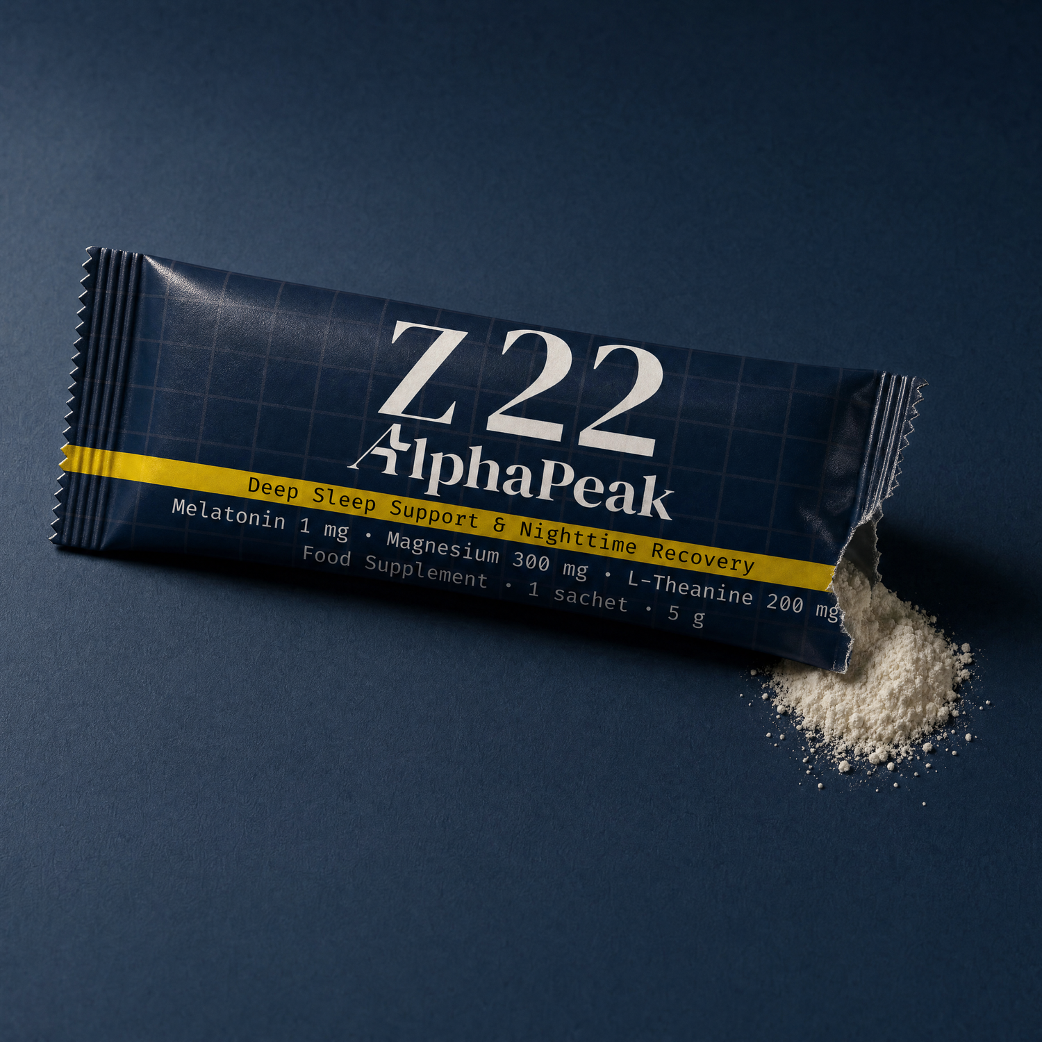 Torn Alpha Peak Z22 sachet with powder on navy paper